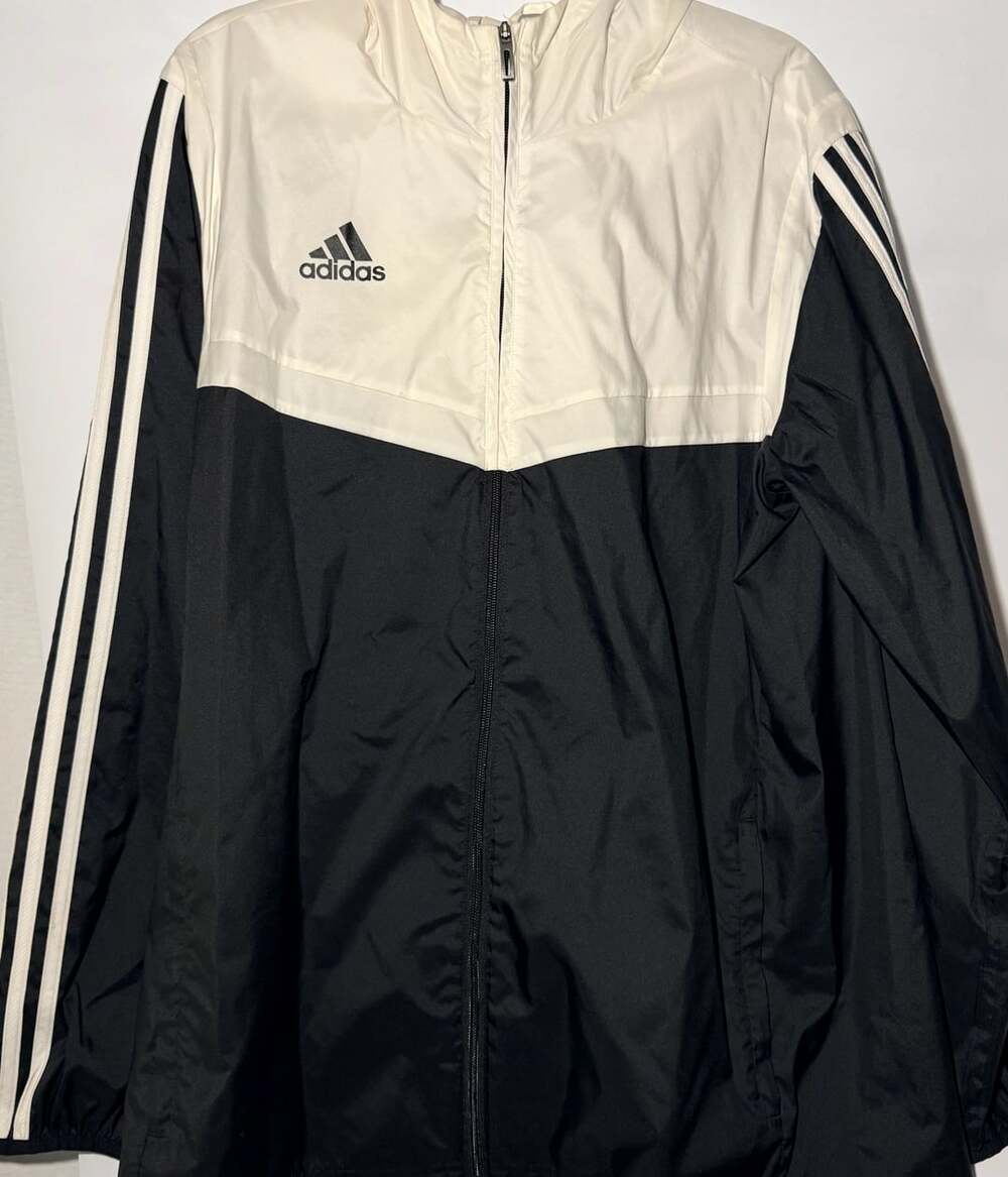 Adidas Windbreaker Jacket Size L Black White Hooded Full Zip
